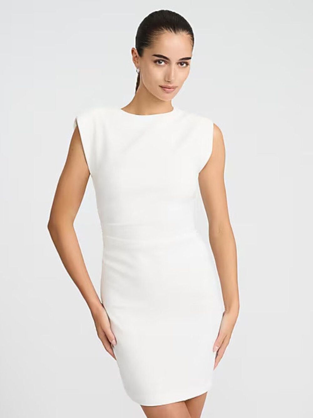 White Crepe Crew Neck Padded Shoulder Ruched Mini Sheath Dress sz M - NWT